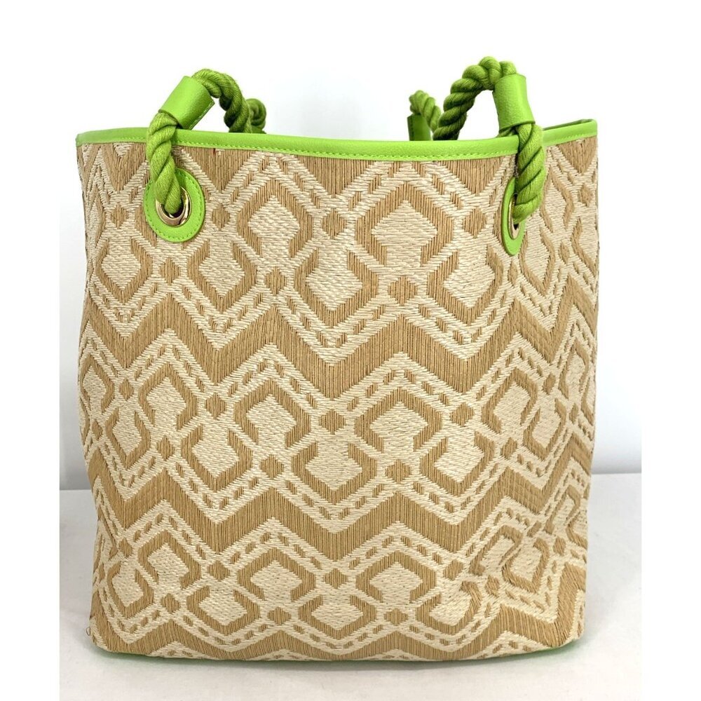 Vera Bradley Large Embroidered Floral Straw Beach Tote Bag Lime Green Purple NWT - Picture 4 of 9